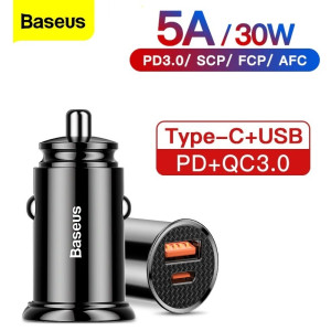 BASEUS 30W Dual Ports PD + QC USB Fast Charging Car Charger - Black BASEUS 30W Dual Ports PD + QC USB Fast Charging Car Charger - Black