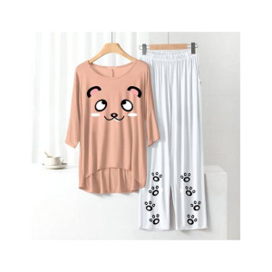 RGShop Printed Night Suit for Women-Peach